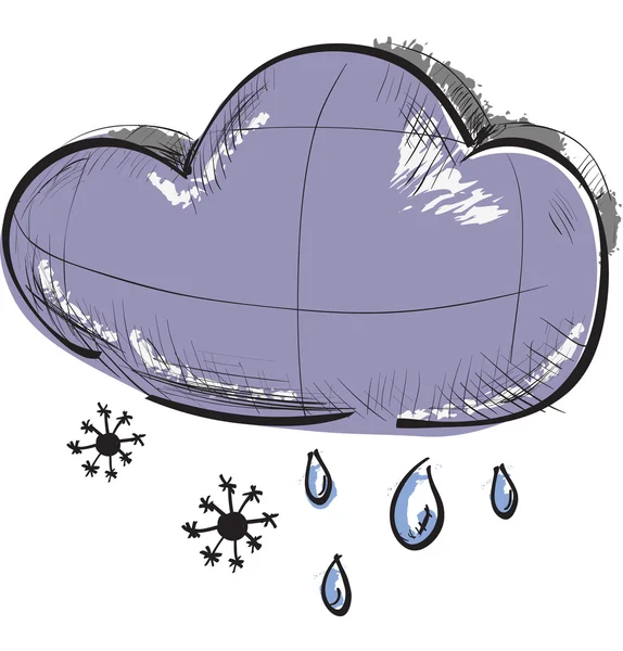 Esquisse couleur icônes météo : deux nuages avec gouttes de pluie et flocons de neige — Image vectorielle