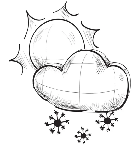 Icone meteo Sketch: sole e nuvole con fiocchi di neve — Vettoriale Stock