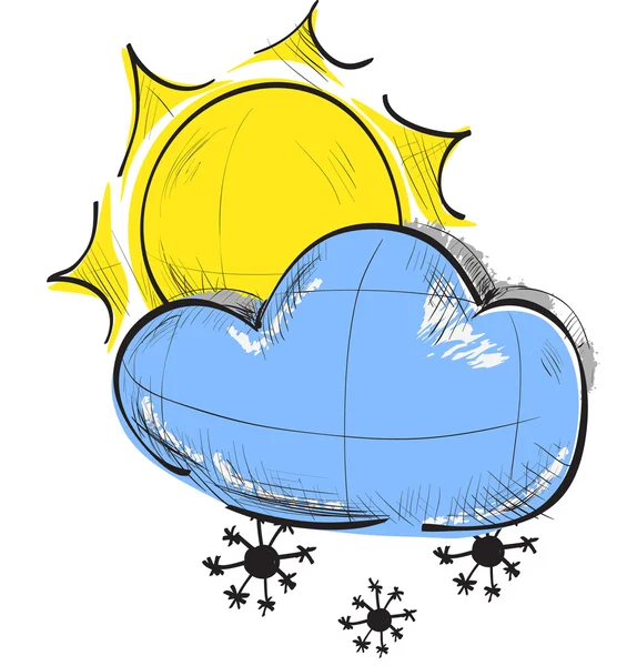 Цветной эскиз погодных икон: солнце и облако с снежинками — стоковый вектор
