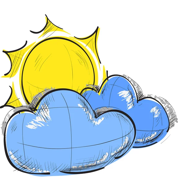 Color sketch weather icons: two clouds and sun — Stok Vektör