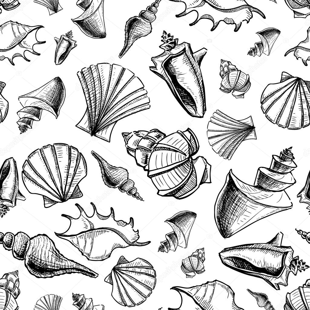Sea shells sketch background. Seamless vector pattern