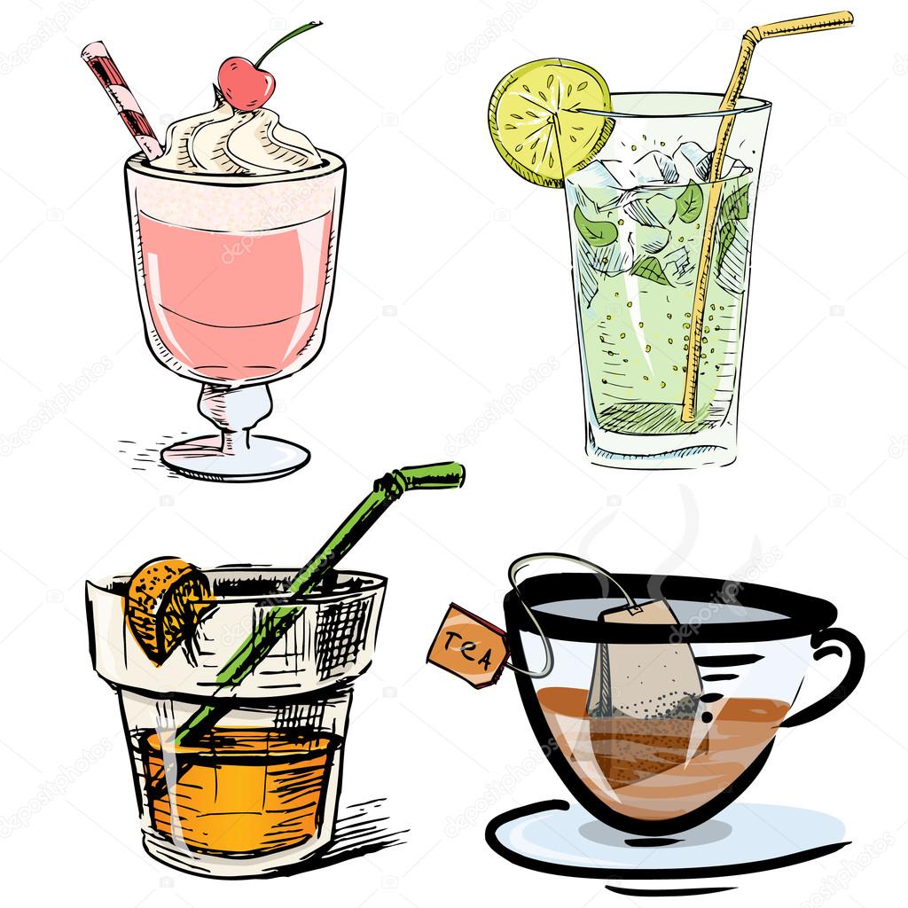 Non alcoholic drinks collection. Hand drawing colorful sketch vector icons