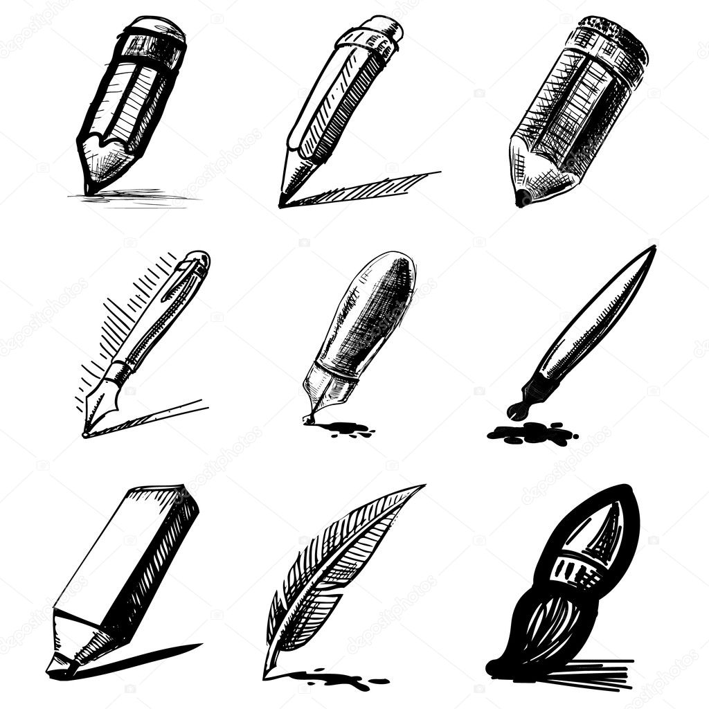Pens and pencils collection .Hand drawing sketch vector set