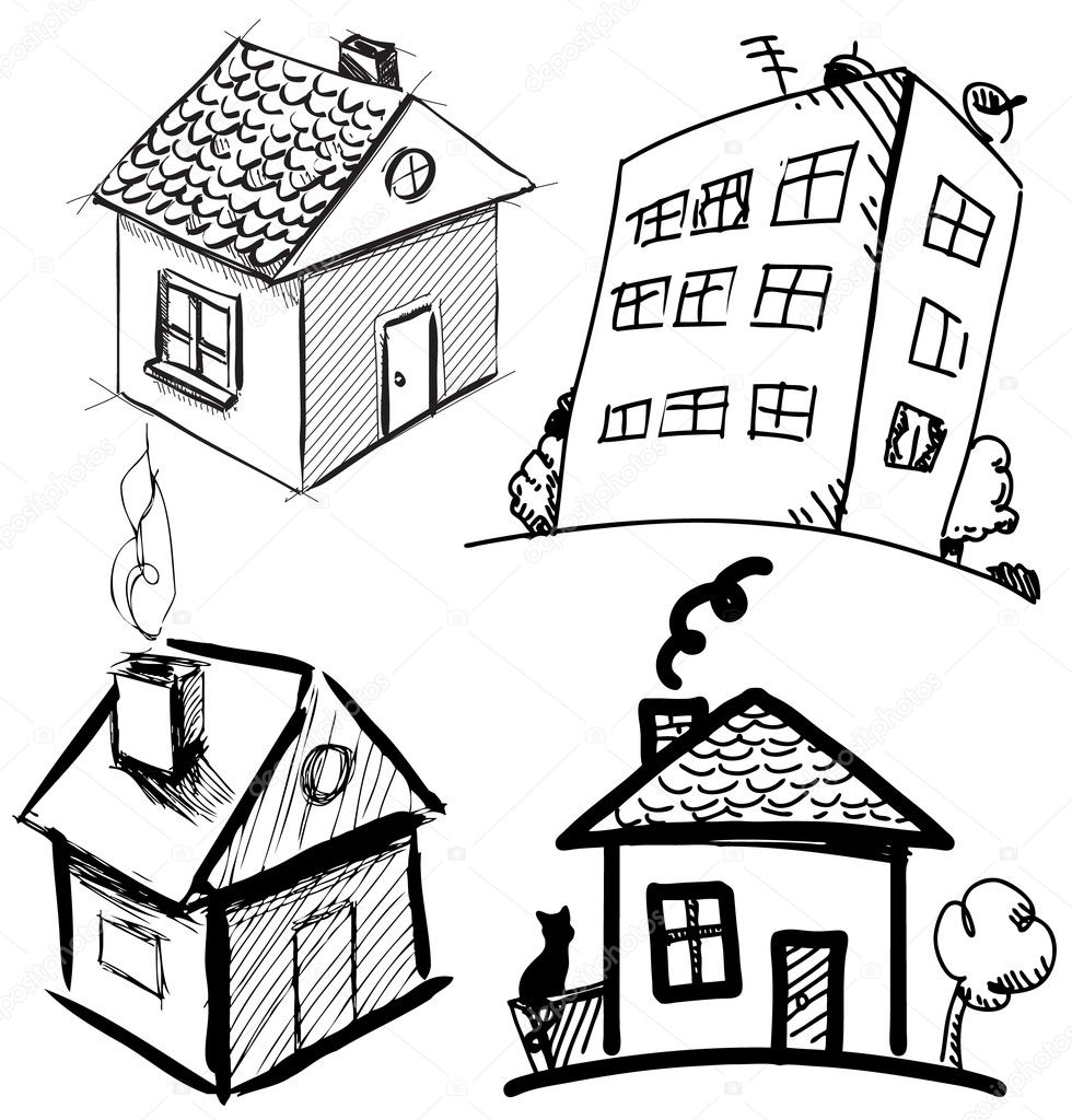 Collection of apartments. Sketch vector set of houses in doodle style
