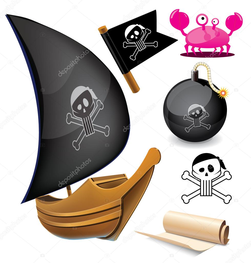 Sail boat with pirate symbol . Vector illustration