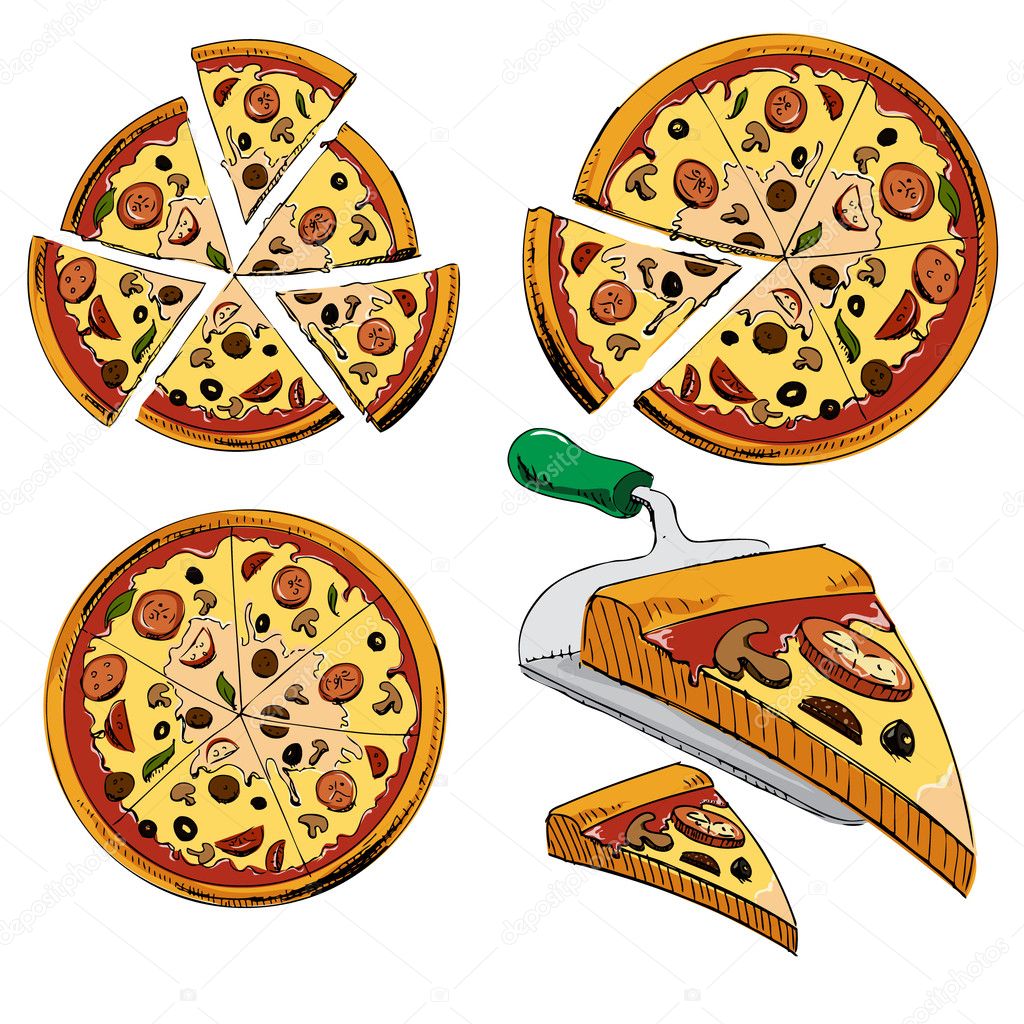 Collection of sliced pizza isolated on white background. Hand drawing sketch vector illustration