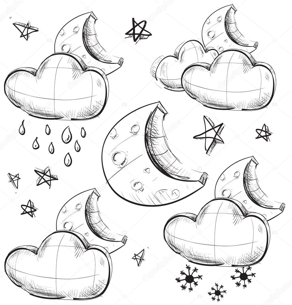 Night weather icons set. Hand drawing sketch vector symbols