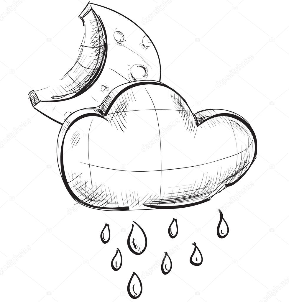 Sketch Weather Icons Night Moon And Cloud With Rain Drops