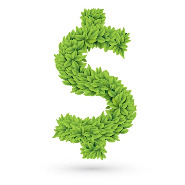 Dollarteken van groene bladeren met schaduw. — Stockvector