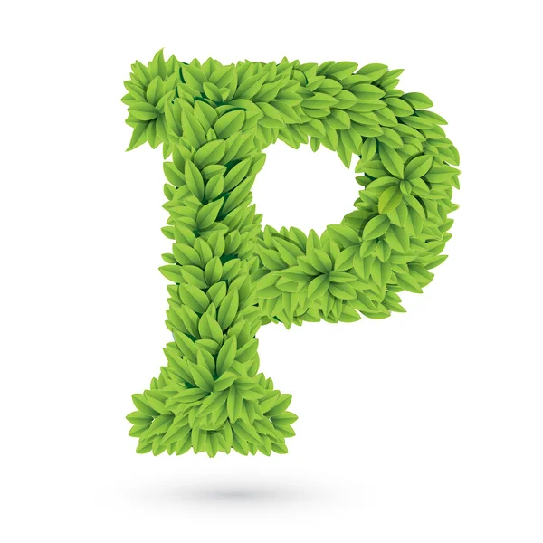 Carta P de folhas verdes com sombra — Vetor de Stock