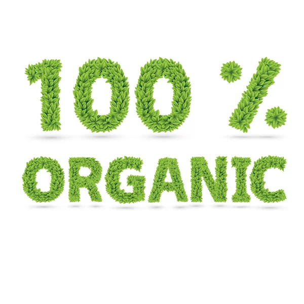 100% organic text of green vector leaves — Stockvector