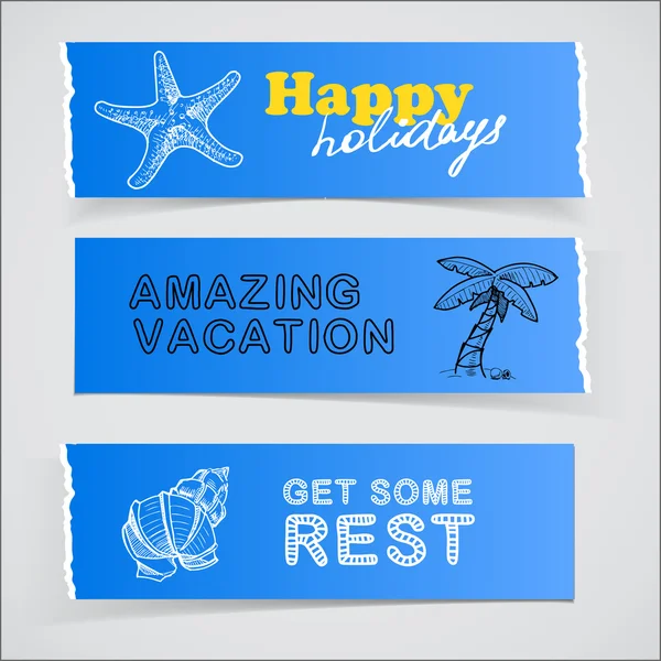 Set of blue banners vacation sketch illustrations — 스톡 벡터