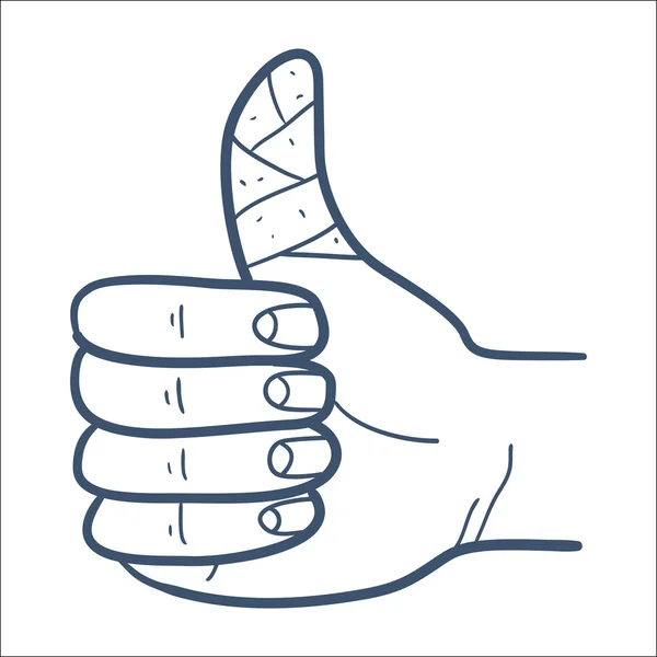 Repaired bandaged finger thumb up isolated on white. — Stock Vector