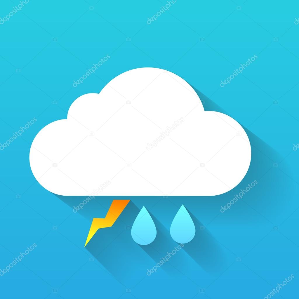 Day cloud, lightning and double rain drops isolated on blue