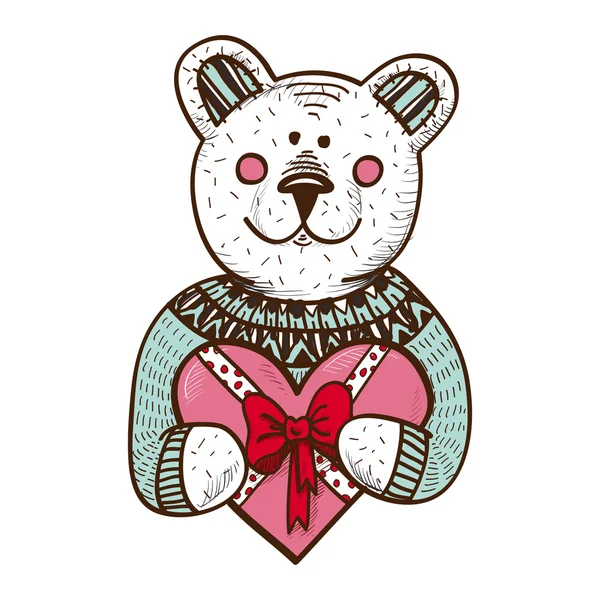 Osito de peluche con corazón presente . — Vector de stock