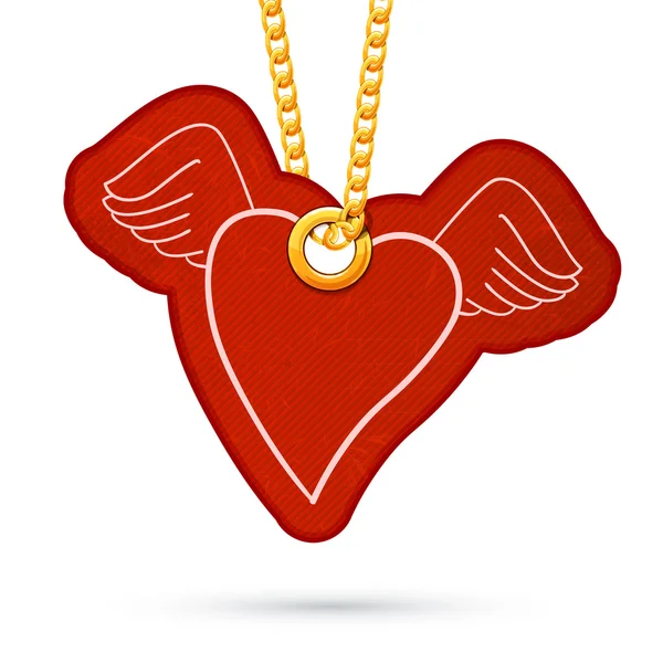 Heart with wings. Label tag hanging on golden chain. — Stock Vector