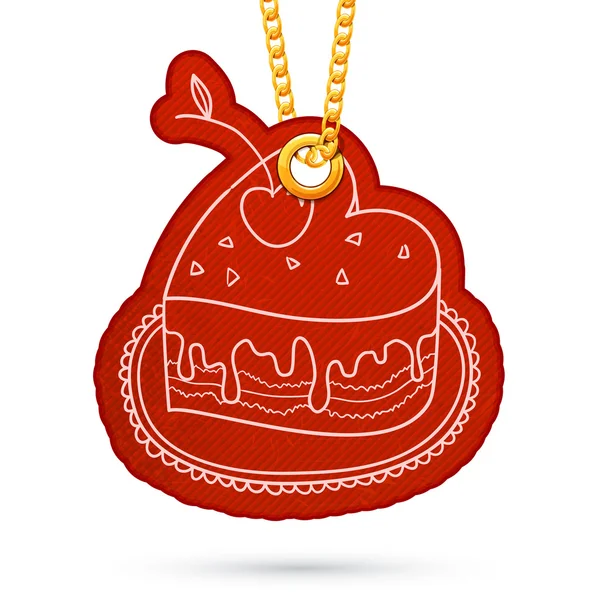 Hart gevormde cake. LabelTag opknoping op gouden ketting. — Stockvector