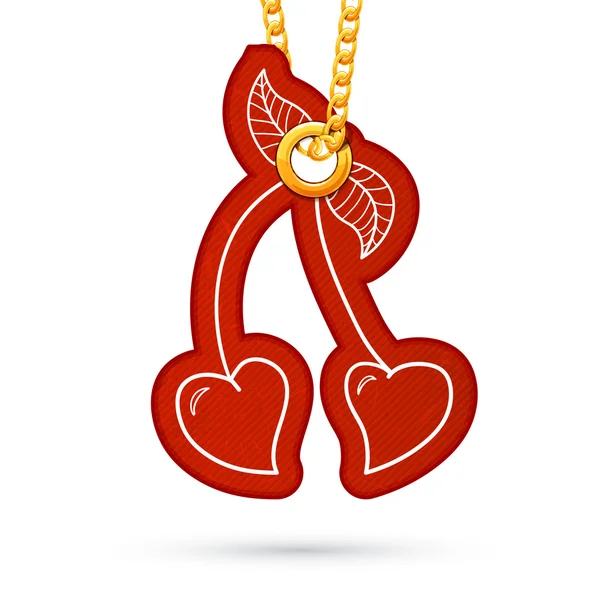 Cerezas en forma de corazón. Etiqueta colgando de la cadena dorada . — Archivo Imágenes Vectoriales