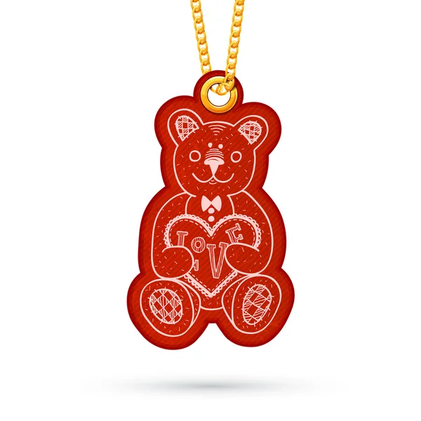 Teddy bear with present. Label tag hanging on golden chain. — Stock Vector