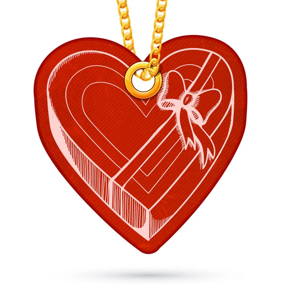 Caja de regalo en forma de corazón. Etiqueta colgando de la cadena dorada . — Archivo Imágenes Vectoriales