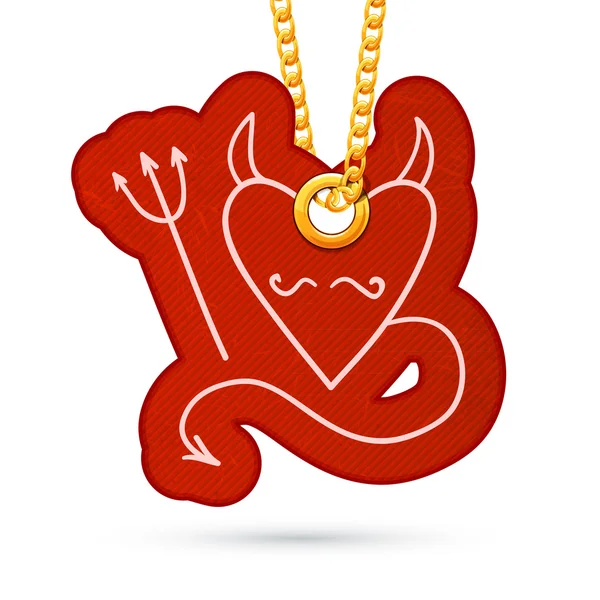 Devil demon heart. Label tag hanging on golden chain. — Stock Vector
