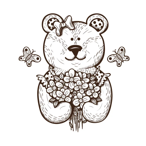 Oso de peluche con flores. — Vector de stock