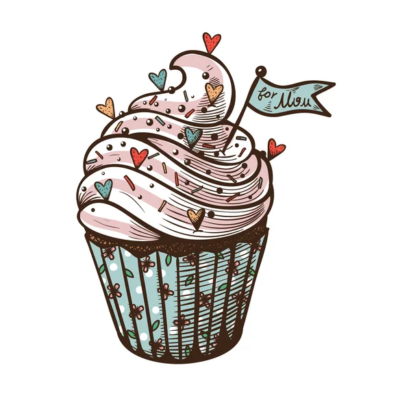 Illustration vectorielle dessinée à la main de cupcake avec étiquette 'For mom' — Image vectorielle