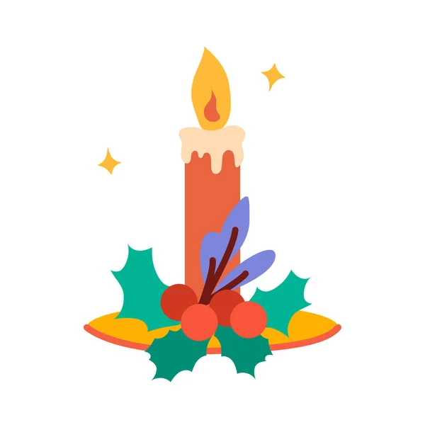 Vela ardiente decorada con acebo. — Vector de stock