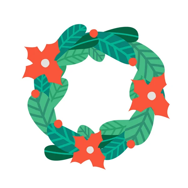 Holiday wreath of green leaves and red flowers. —  Vetores de Stock