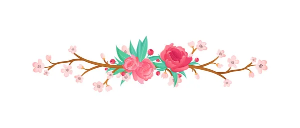 Rama decorativa con flores rosadas. — Vector de stock