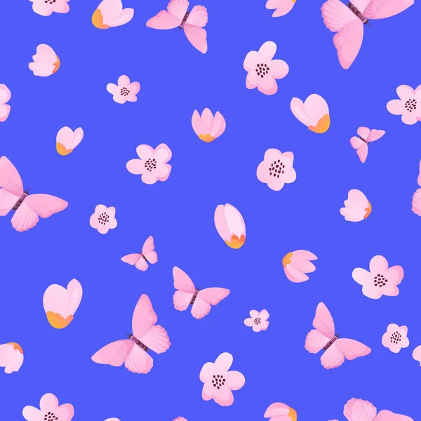 Modèle sans couture avec des fleurs roses et des papillons — Image vectorielle