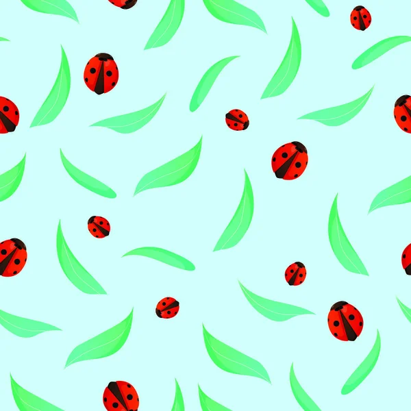 Seamless pattern with green leaves and ladybugs. — Stock Vector