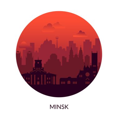 Minsk, Belarus ünlü günbatımı şehir manzarası etiketi.