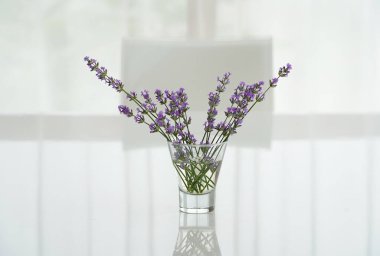 Beyaz bir yemek masası ve bir demet lavanta ve beyaz sandalye evdeki oturma odasında.