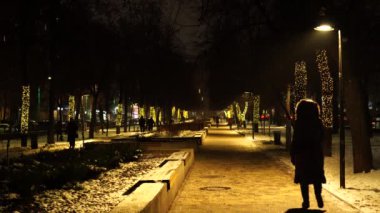 Noel fenerleriyle süslenmiş bir kadın sokakta yürüyor, kış akşamında ışıklar, kar fırtınası...