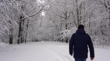 Siyah elbiseli bir adam ormanda bir patika boyunca yürür, park eder, kardan sonra etrafta ağaçlar olur.