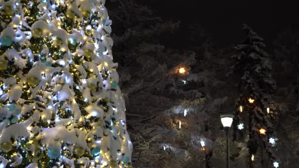 Kerstboom met speelgoed, kleurrijke ballonnen, bloemenslingers en lichtjes na een sneeuwval — Stockvideo