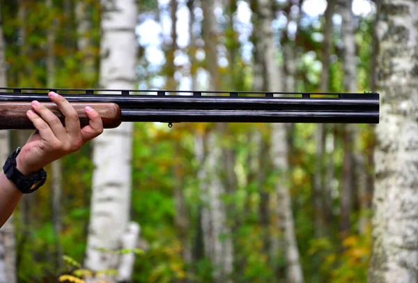A mans hand holds a hunting rifle with a black muzzle against a background of green forest and birches — Stock Photo, Image