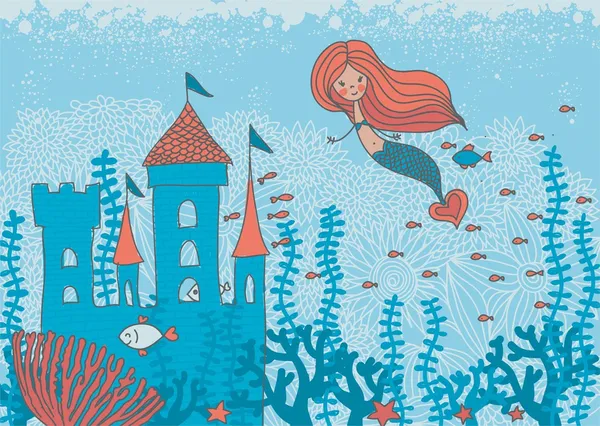 Mermaid and  underwater castle — Stock Vector