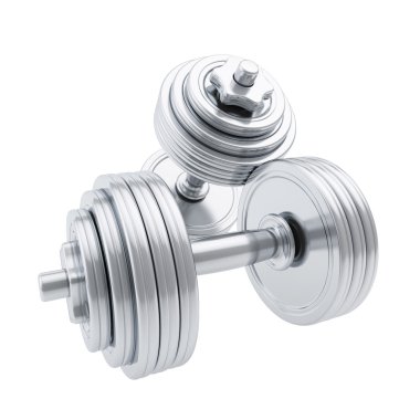 Silver metal dumbbells, one on another