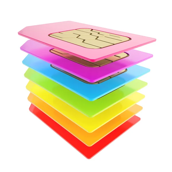 Empilement coloré de cartes SIM de téléphone avec micropuces à circuit — Photo