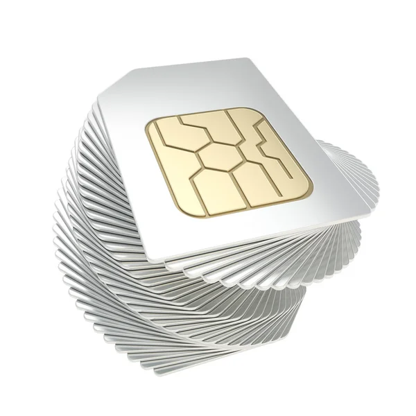 Pilha torcida de cartões SIM de telefone com microchips de circuito — Fotografia de Stock
