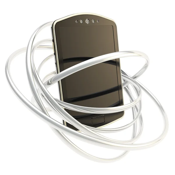 Koncepcja inteligentnego telefonu otoczony z pierścieniami na białym tle — Zdjęcie stockowe