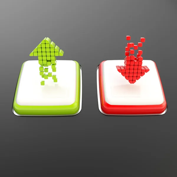 Flèches vertes et rouges sur boutons carrés blancs brillants — Photo