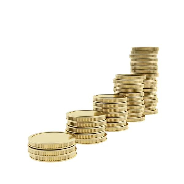 Pilhas de pilhas de moedas douradas brilhantes isoladas em branco — Fotografia de Stock