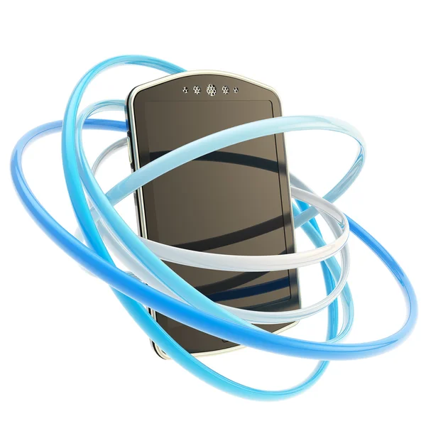 Концепция смартфона окружена изолированными кольцами — стоковое фото