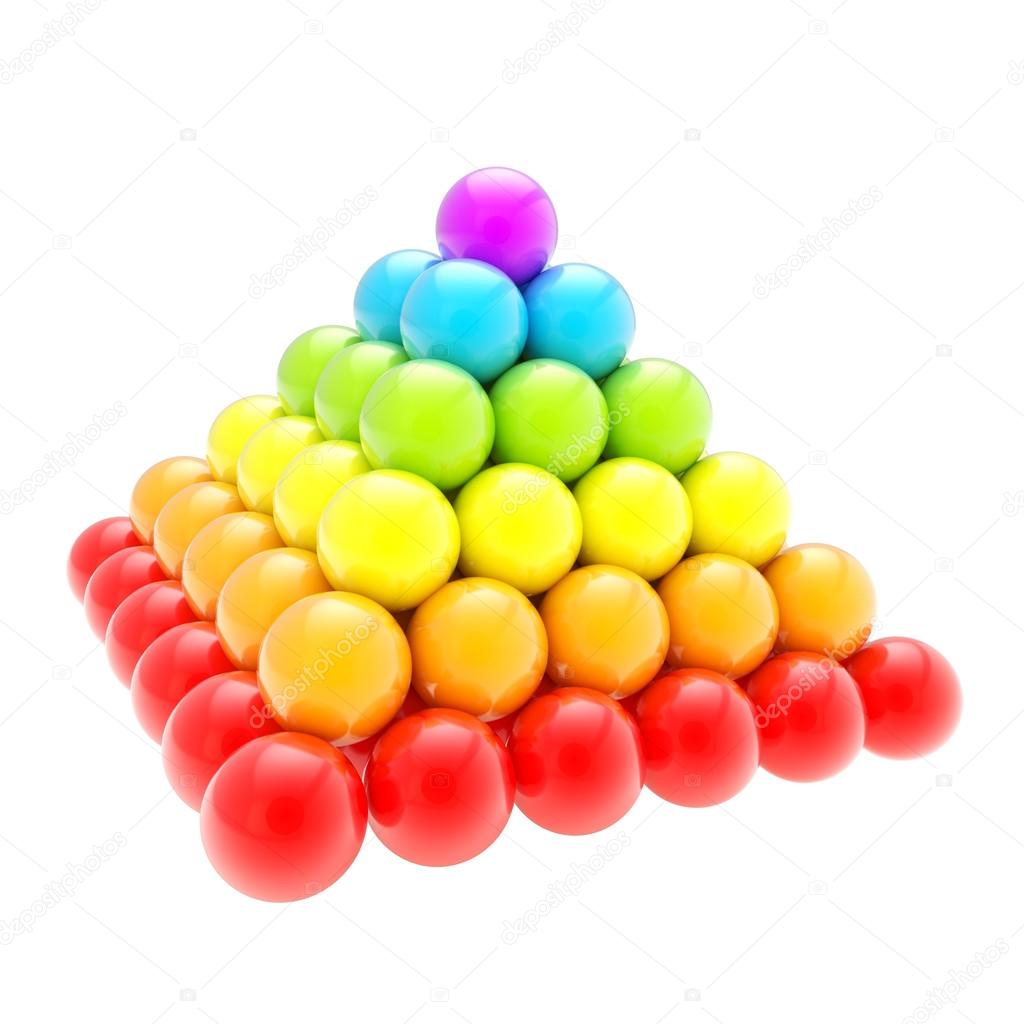 Pile pyramid of glossy spheres isolated on white