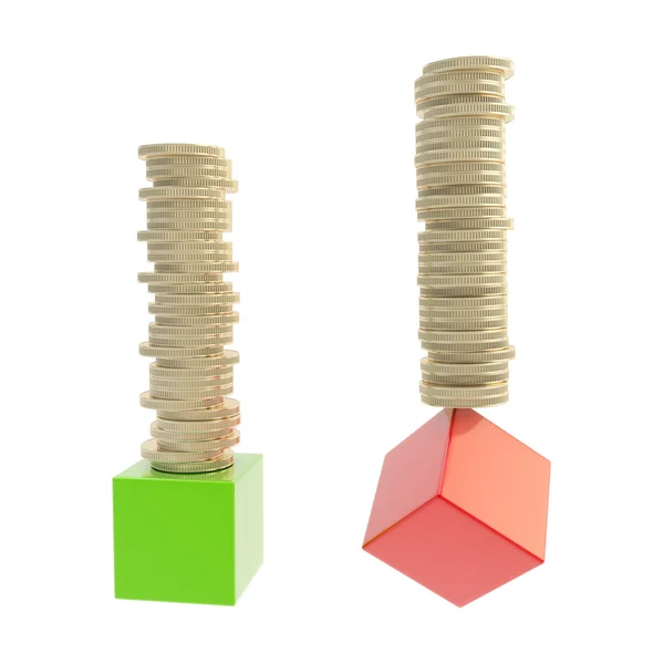 Coin stacks over green and red cubes isolated — Stock Photo, Image