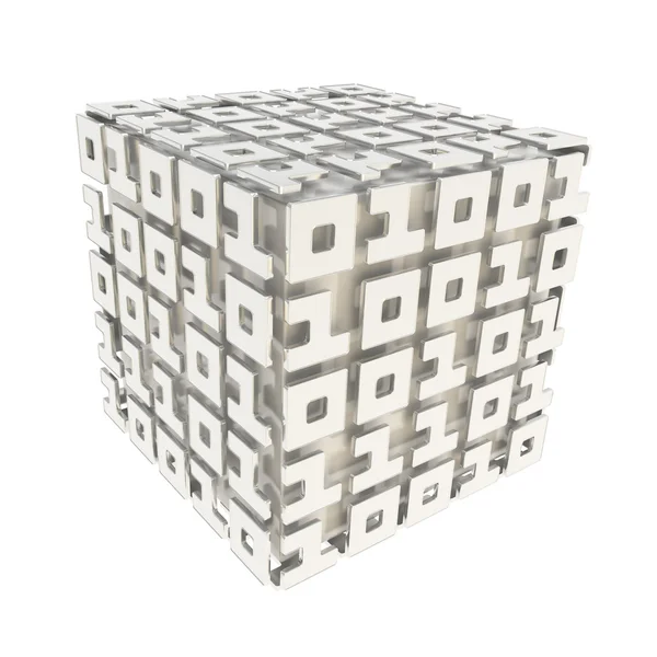 Cubo dimensional feito de uns e zeros isolados em branco — Fotografia de Stock