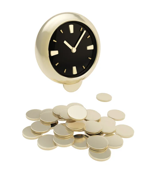 Stack of coins under the clock isolated on white — Stock Photo, Image